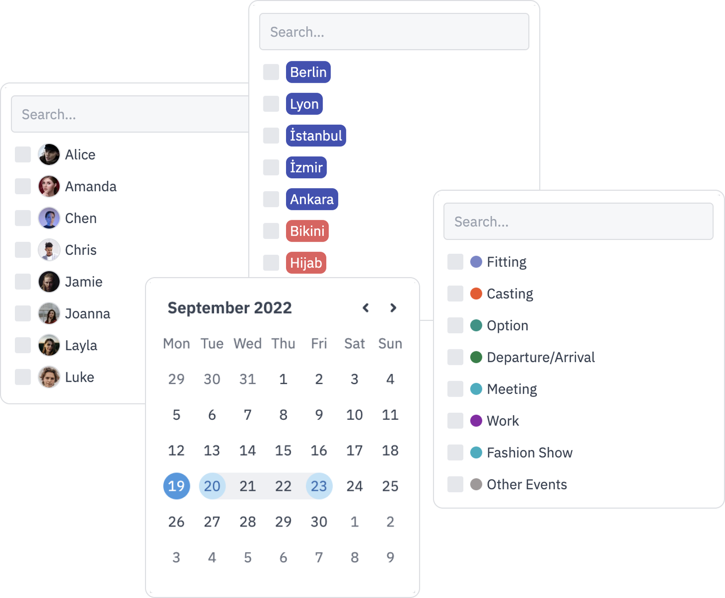 Date, event type, profile, and tag filters on schedule views